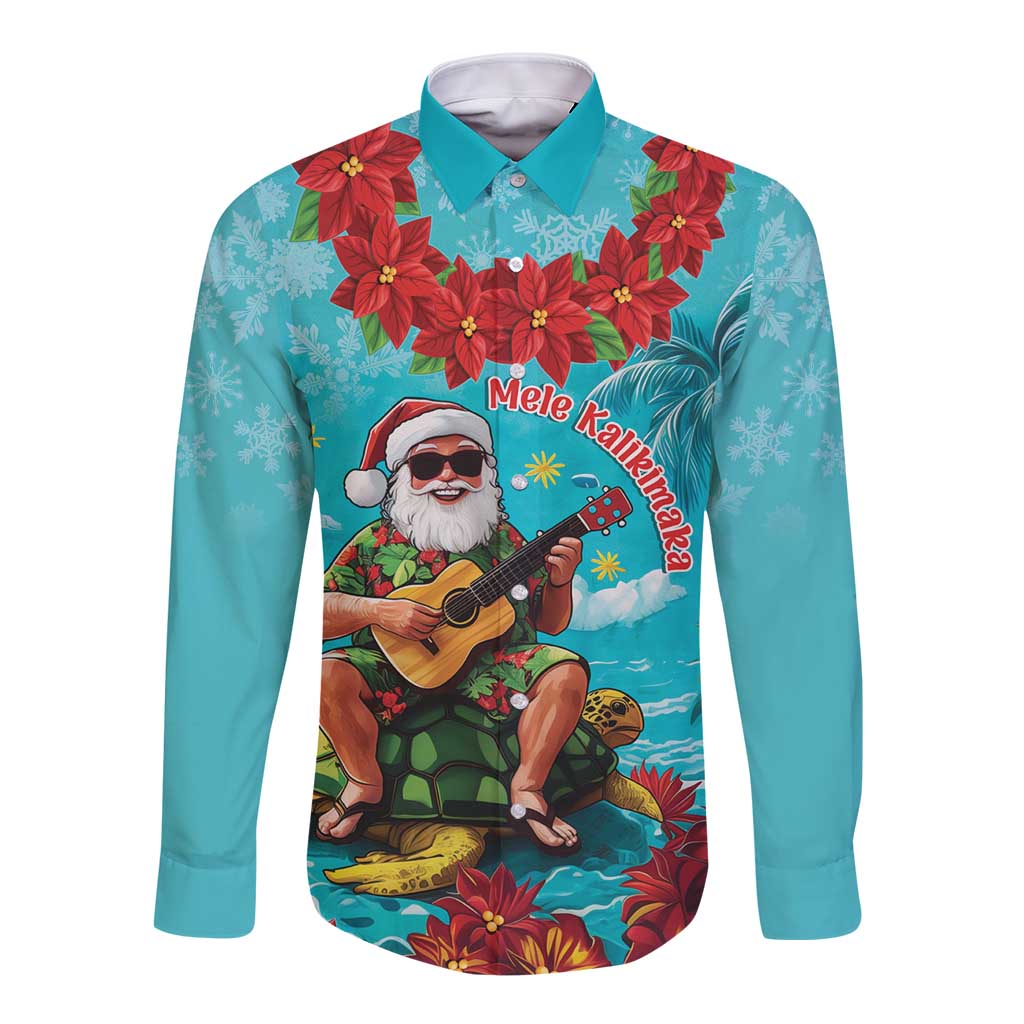 Hawaii Christmas Long Sleeve Button Shirt Mele Kalikimaka Poinsettia Lei - Cyan LT14 Unisex Cyan - Polynesian Pride