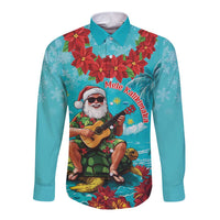 Hawaii Christmas Long Sleeve Button Shirt Mele Kalikimaka Poinsettia Lei - Cyan LT14 Unisex Cyan - Polynesian Pride