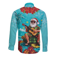 Hawaii Christmas Long Sleeve Button Shirt Mele Kalikimaka Poinsettia Lei - Cyan LT14 - Polynesian Pride