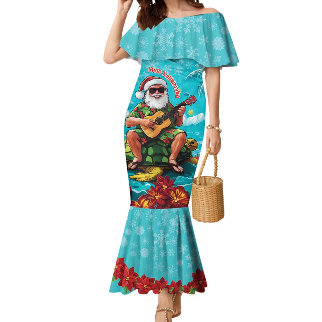 Hawaii Christmas Mermaid Dress Mele Kalikimaka Poinsettia Lei - Cyan