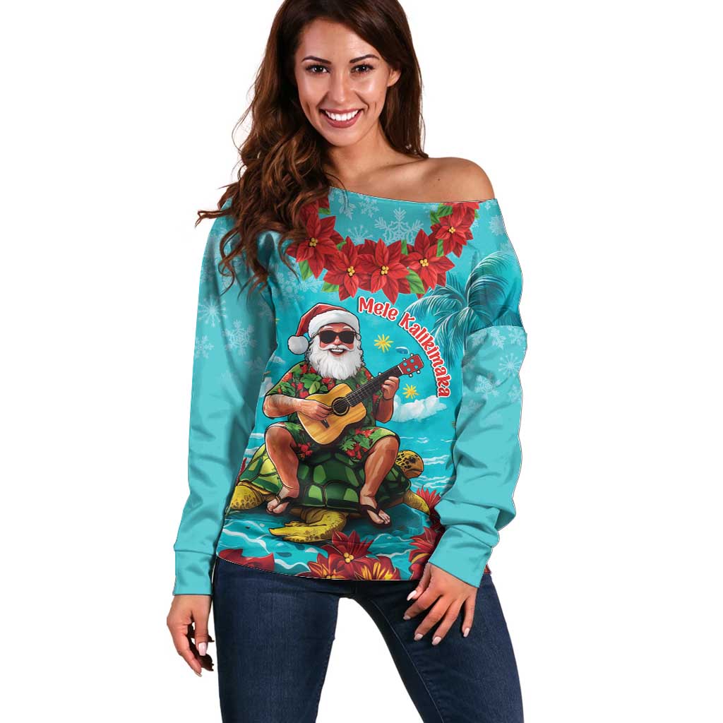 Hawaii Christmas Off Shoulder Sweater Mele Kalikimaka Poinsettia Lei - Cyan