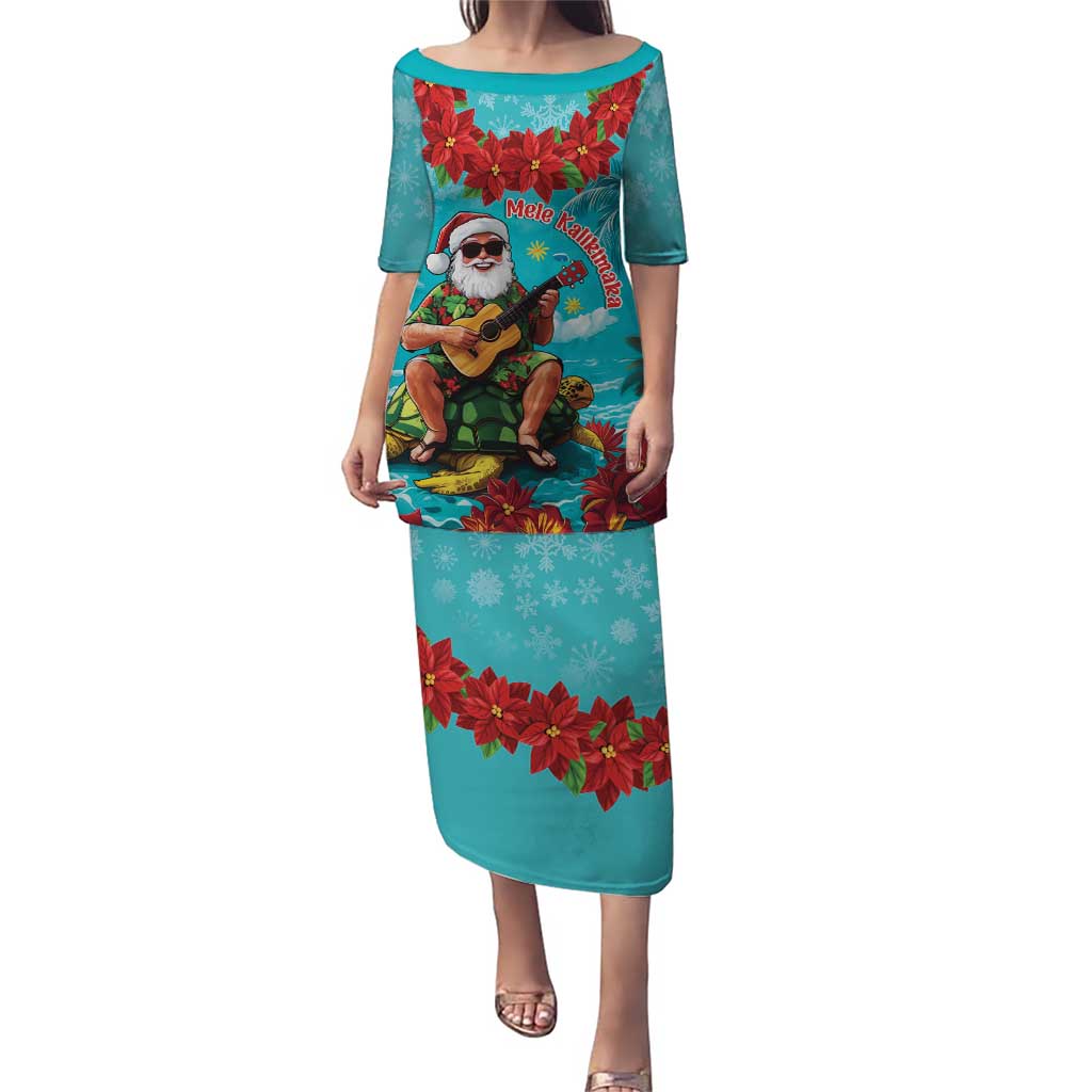 Hawaii Christmas Puletasi Mele Kalikimaka Poinsettia Lei - Cyan LT14 Long Dress Cyan - Polynesian Pride