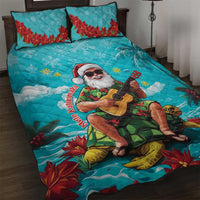Hawaii Christmas Quilt Bed Set Mele Kalikimaka Poinsettia Lei - Cyan