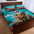 Hawaii Christmas Quilt Bed Set Mele Kalikimaka Poinsettia Lei - Cyan