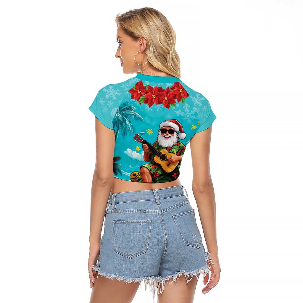 Hawaii Christmas Raglan Cropped T Shirt Mele Kalikimaka Poinsettia Lei - Cyan LT14 - Polynesian Pride