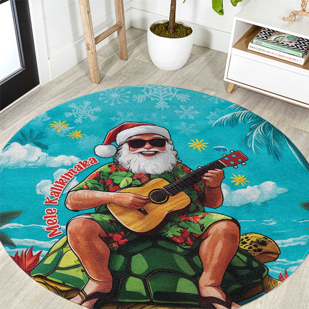 Hawaii Christmas Round Carpet Mele Kalikimaka Poinsettia Lei - Cyan