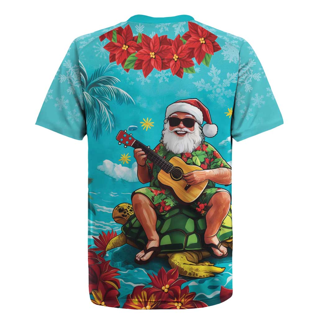 Hawaii Christmas Rugby Jersey Mele Kalikimaka Poinsettia Lei - Cyan LT14 - Polynesian Pride