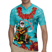 Hawaii Christmas Rugby Jersey Mele Kalikimaka Poinsettia Lei - Cyan LT14 - Polynesian Pride