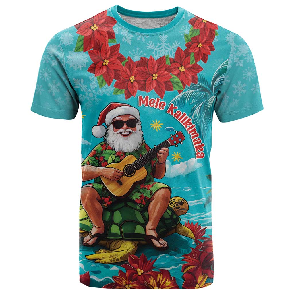 Hawaii Christmas T Shirt Mele Kalikimaka Poinsettia Lei - Cyan