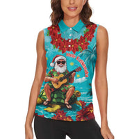 Hawaii Christmas Women Sleeveless Polo Shirt Mele Kalikimaka Poinsettia Lei - Cyan