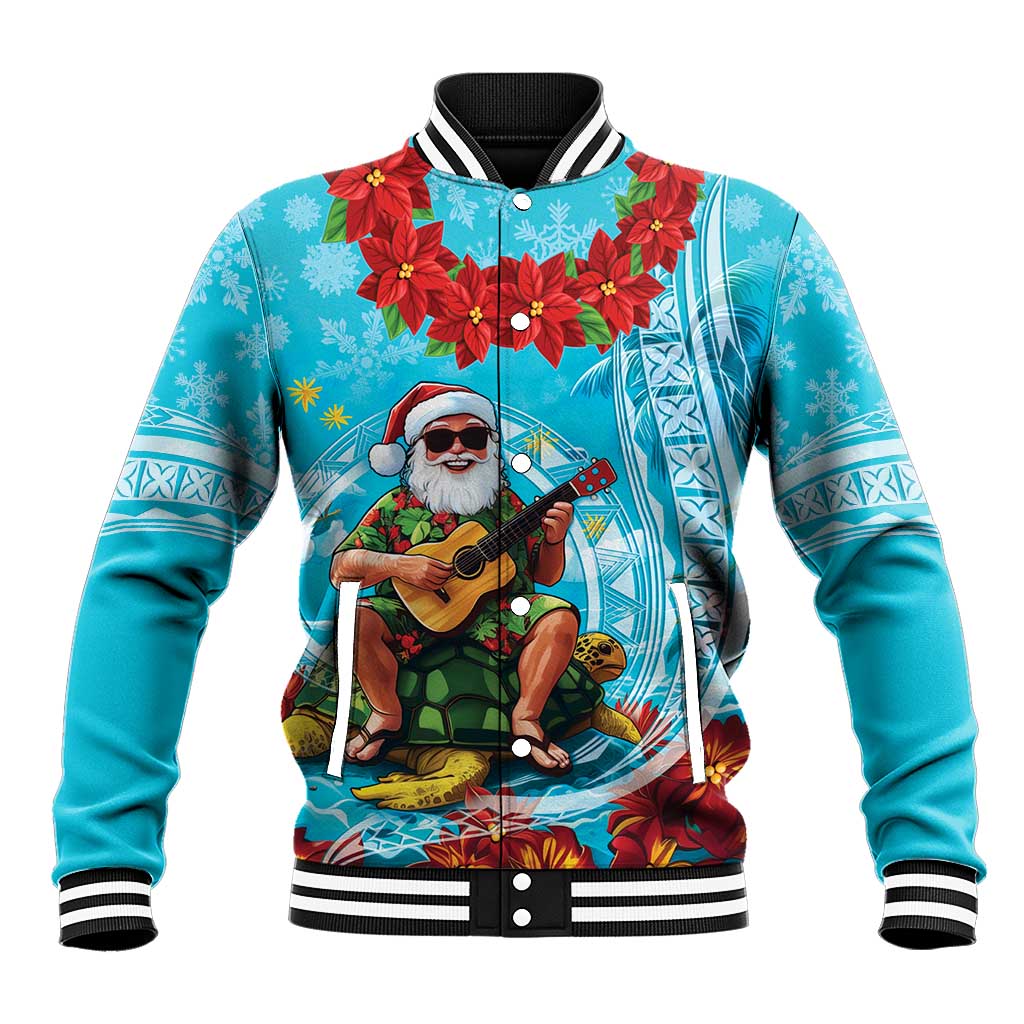 Hawaii Christmas Baseball Jacket Mele Kalikimaka Poinsettia Lei Polynesian - Blue LT14 Unisex Blue - Polynesian Pride