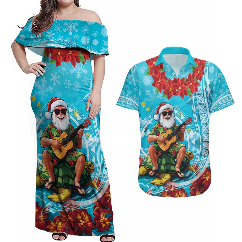 Hawaii Christmas Couples Matching Off Shoulder Maxi Dress and Hawaiian Shirt Mele Kalikimaka Poinsettia Lei Polynesian - Blue