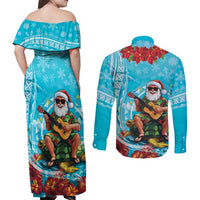 Hawaii Christmas Couples Matching Off Shoulder Maxi Dress and Long Sleeve Button Shirt Mele Kalikimaka Poinsettia Lei Polynesian - Blue