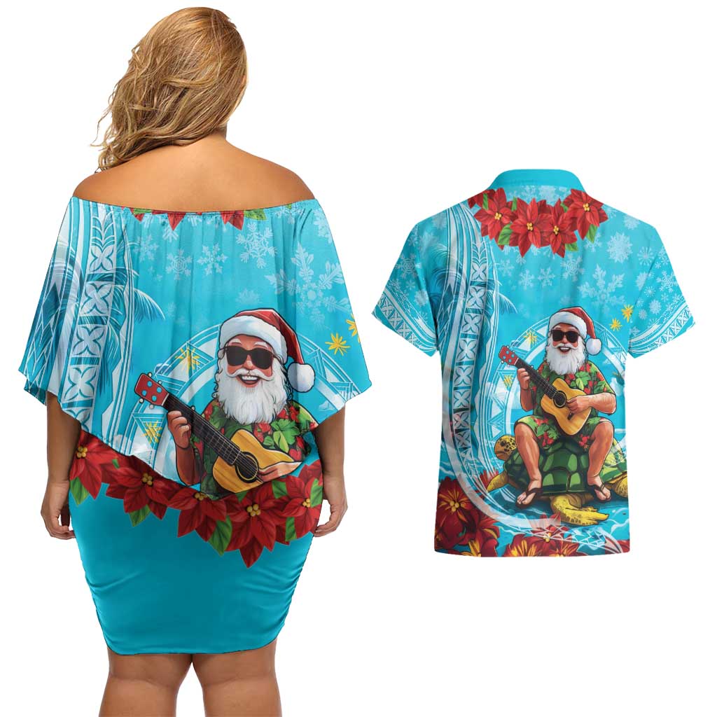 Hawaii Christmas Couples Matching Off Shoulder Short Dress and Hawaiian Shirt Mele Kalikimaka Poinsettia Lei Polynesian - Blue