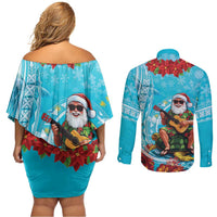Hawaii Christmas Couples Matching Off Shoulder Short Dress and Long Sleeve Button Shirt Mele Kalikimaka Poinsettia Lei Polynesian - Blue