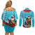 Hawaii Christmas Couples Matching Off Shoulder Short Dress and Long Sleeve Button Shirt Mele Kalikimaka Poinsettia Lei Polynesian - Blue