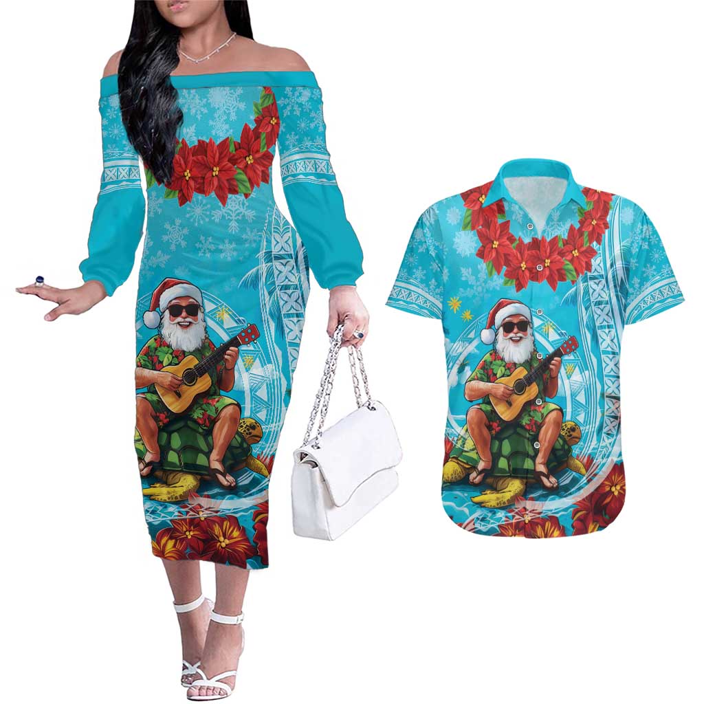 Hawaii Christmas Couples Matching Off The Shoulder Long Sleeve Dress and Hawaiian Shirt Mele Kalikimaka Poinsettia Lei Polynesian - Blue