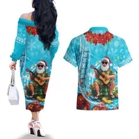 Hawaii Christmas Couples Matching Off The Shoulder Long Sleeve Dress and Hawaiian Shirt Mele Kalikimaka Poinsettia Lei Polynesian - Blue LT14 - Polynesian Pride