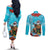 Hawaii Christmas Couples Matching Off The Shoulder Long Sleeve Dress and Long Sleeve Button Shirt Mele Kalikimaka Poinsettia Lei Polynesian - Blue