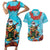 Hawaii Christmas Couples Matching Short Sleeve Bodycon Dress and Hawaiian Shirt Mele Kalikimaka Poinsettia Lei Polynesian - Blue