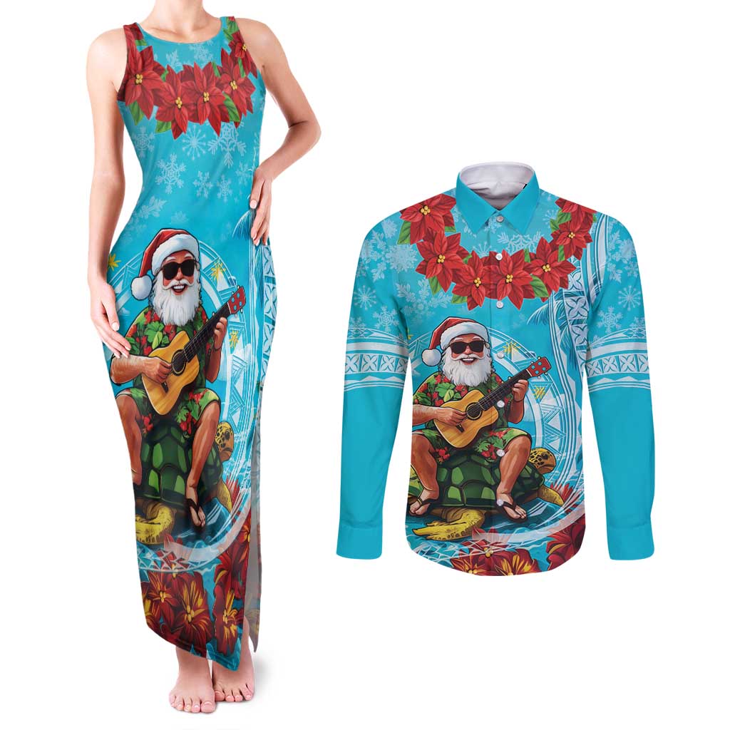 Hawaii Christmas Couples Matching Tank Maxi Dress and Long Sleeve Button Shirt Mele Kalikimaka Poinsettia Lei Polynesian - Blue LT14 Blue - Polynesian Pride