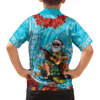 Hawaii Christmas Family Matching Long Sleeve Bodycon Dress and Hawaiian Shirt Mele Kalikimaka Poinsettia Lei Polynesian - Blue