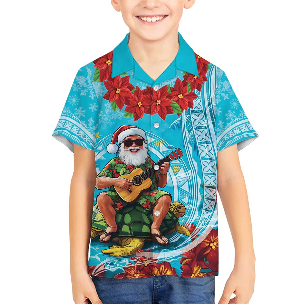 Hawaii Christmas Family Matching Long Sleeve Bodycon Dress and Hawaiian Shirt Mele Kalikimaka Poinsettia Lei Polynesian - Blue