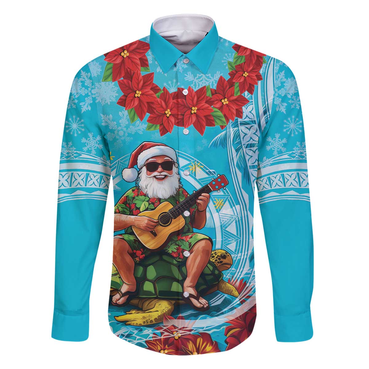 Hawaii Christmas Family Matching Off The Shoulder Long Sleeve Dress and Hawaiian Shirt Mele Kalikimaka Poinsettia Lei Polynesian - Blue