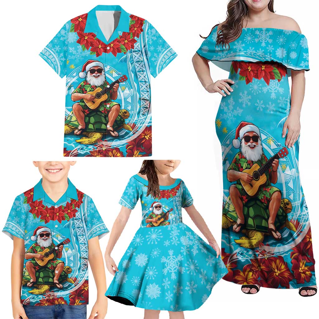 Hawaii Christmas Family Matching Off Shoulder Maxi Dress and Hawaiian Shirt Mele Kalikimaka Poinsettia Lei Polynesian - Blue