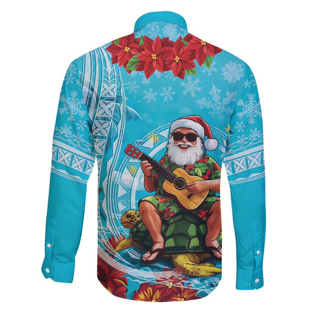 Hawaii Christmas Family Matching Off Shoulder Maxi Dress and Hawaiian Shirt Mele Kalikimaka Poinsettia Lei Polynesian - Blue