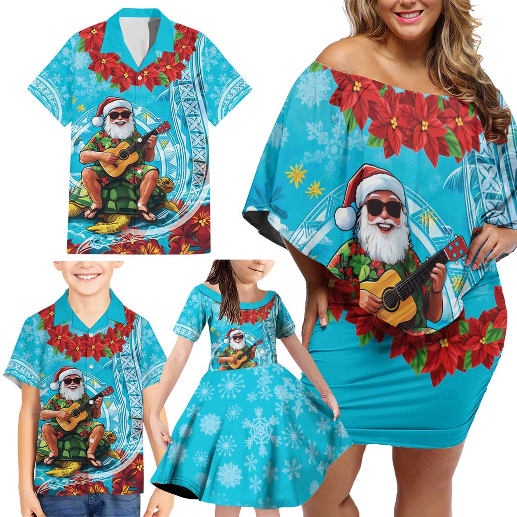 Hawaii Christmas Family Matching Off Shoulder Short Dress and Hawaiian Shirt Mele Kalikimaka Poinsettia Lei Polynesian - Blue