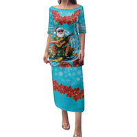 Hawaii Christmas Family Matching Puletasi and Hawaiian Shirt Mele Kalikimaka Poinsettia Lei Polynesian - Blue