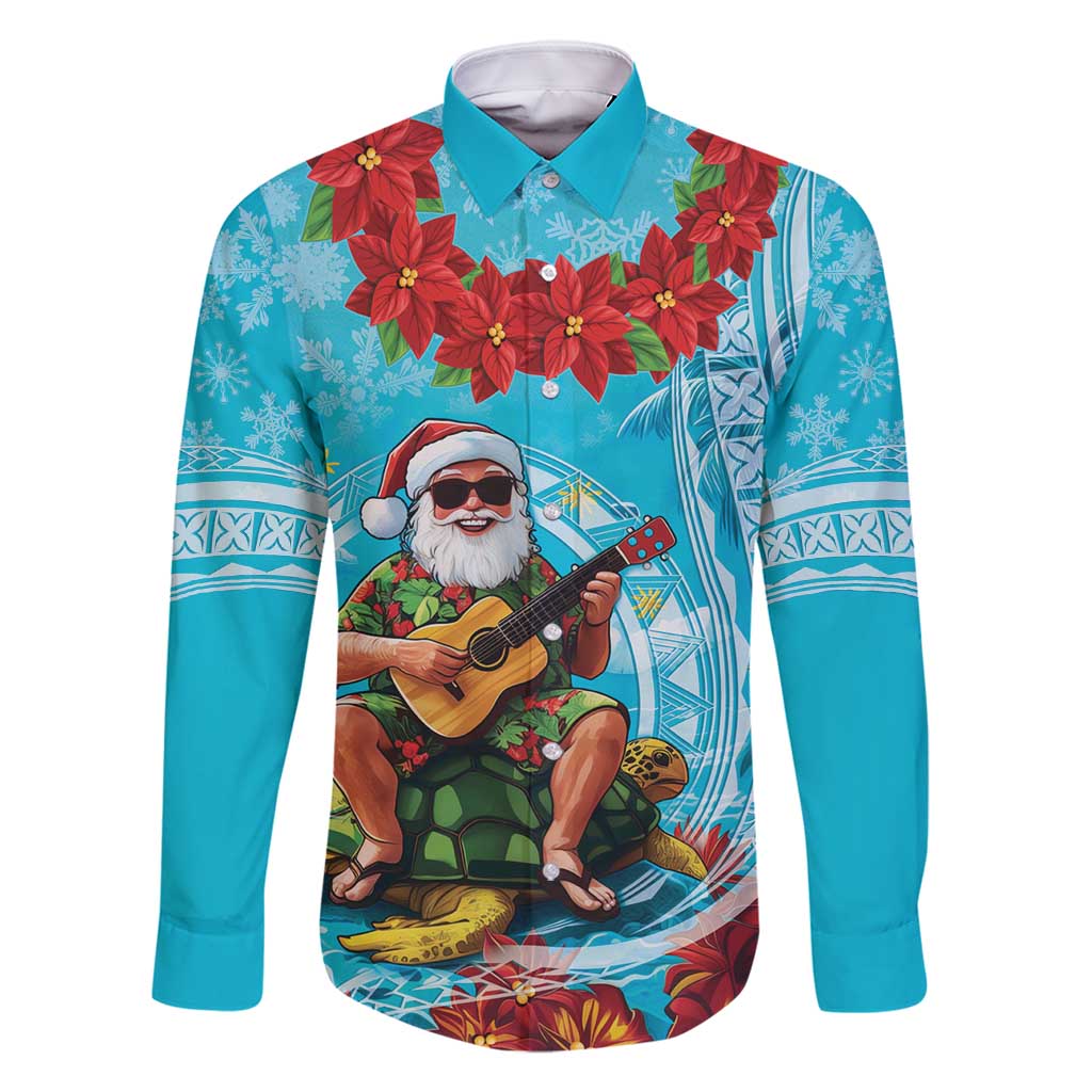 Hawaii Christmas Family Matching Summer Maxi Dress and Hawaiian Shirt Mele Kalikimaka Poinsettia Lei Polynesian - Blue