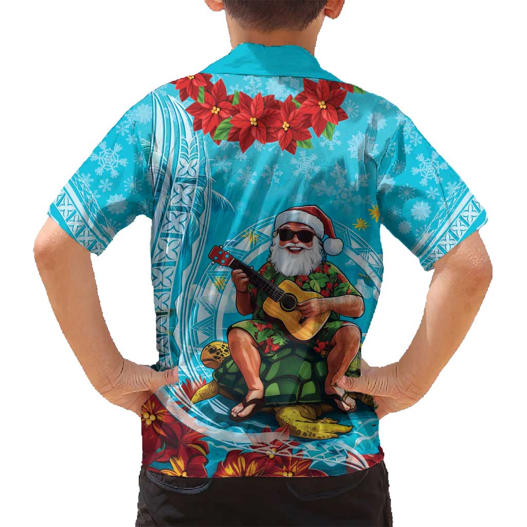 Hawaii Christmas Family Matching Tank Maxi Dress and Hawaiian Shirt Mele Kalikimaka Poinsettia Lei Polynesian - Blue
