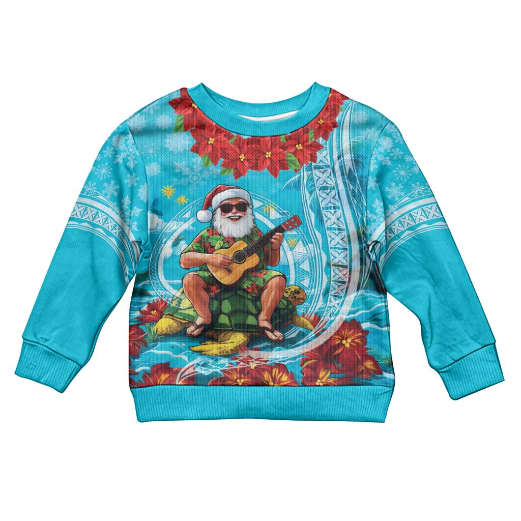 Hawaii Christmas Kid Ugly Christmas Sweater Mele Kalikimaka Poinsettia Lei Polynesian - Blue
