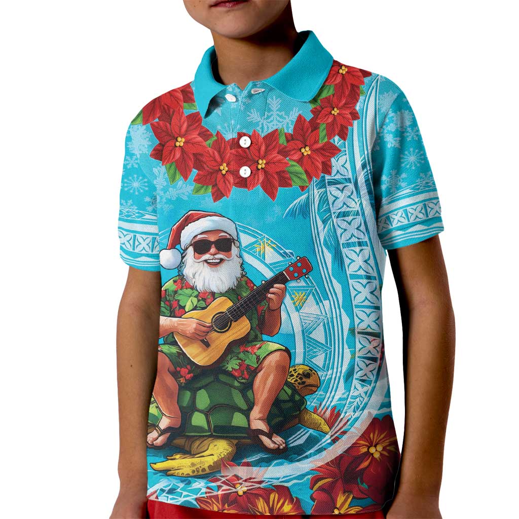 Hawaii Christmas Kid Polo Shirt Mele Kalikimaka Poinsettia Lei Polynesian - Blue