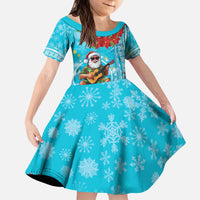 Hawaii Christmas Kid Short Sleeve Dress Mele Kalikimaka Poinsettia Lei Polynesian - Blue