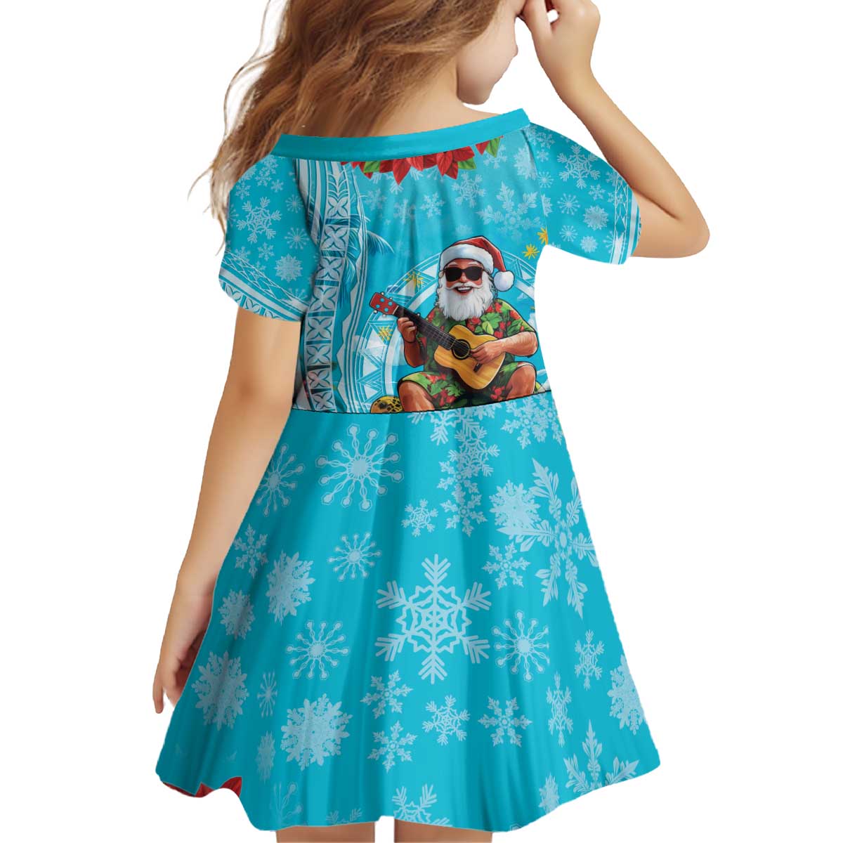 Hawaii Christmas Kid Short Sleeve Dress Mele Kalikimaka Poinsettia Lei Polynesian - Blue