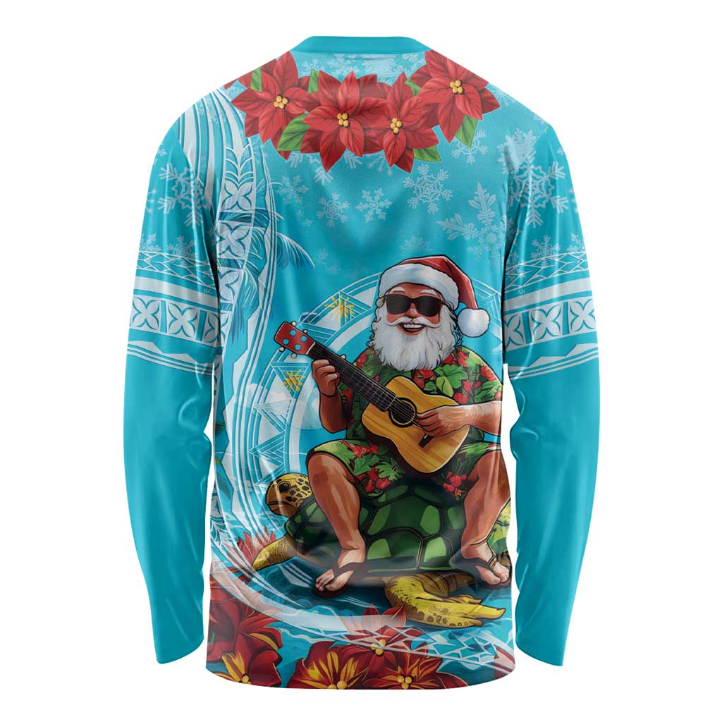 Hawaii Christmas Long Sleeve Shirt Mele Kalikimaka Poinsettia Lei Polynesian - Blue