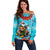 Hawaii Christmas Off Shoulder Sweater Mele Kalikimaka Poinsettia Lei Polynesian - Blue