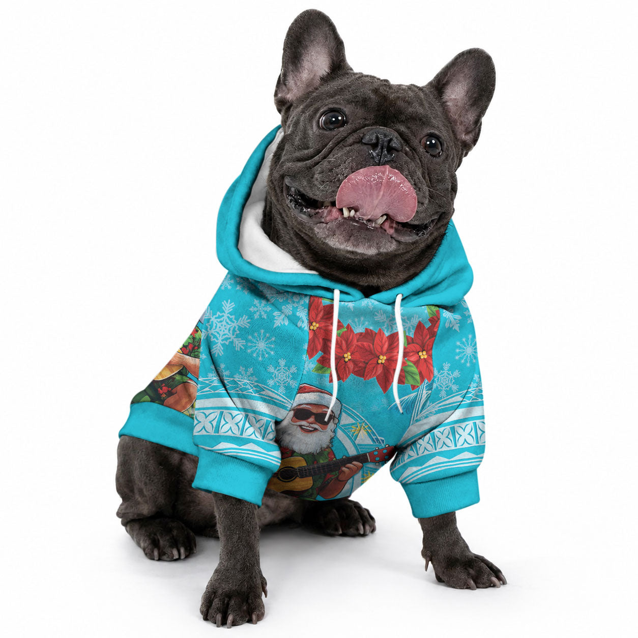 Hawaii Christmas Pet Hoodie Mele Kalikimaka Poinsettia Lei Polynesian - Blue