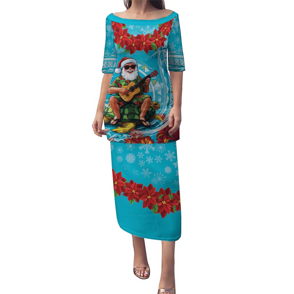 Hawaii Christmas Puletasi Mele Kalikimaka Poinsettia Lei Polynesian - Blue LT14 Long Dress Blue - Polynesian Pride
