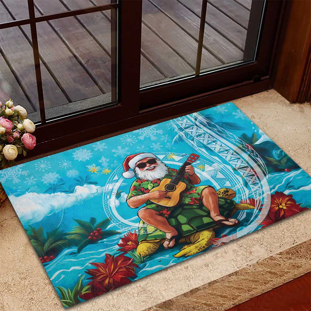 Hawaii Christmas Rubber Doormat Mele Kalikimaka Poinsettia Lei Polynesian - Blue