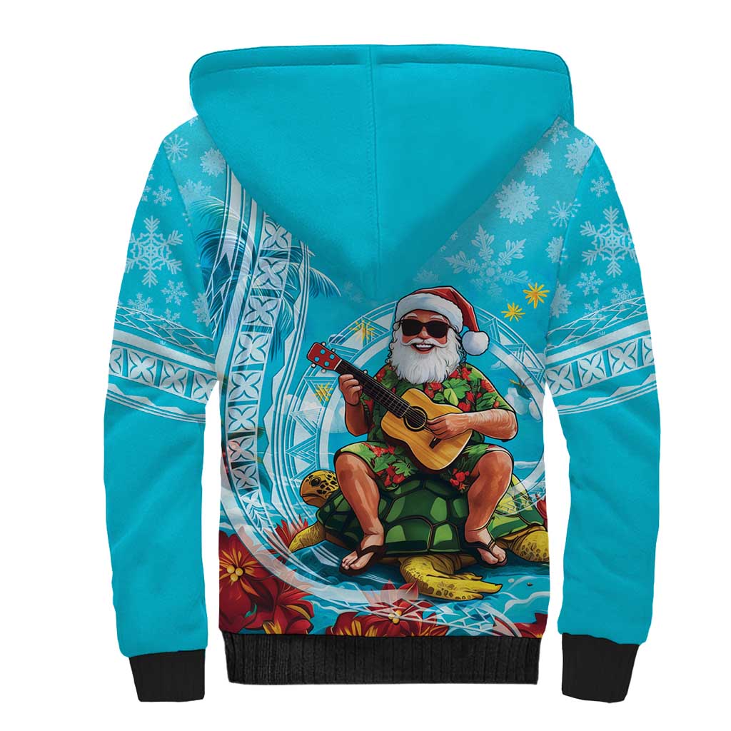 Hawaii Christmas Sherpa Hoodie Mele Kalikimaka Poinsettia Lei Polynesian - Blue