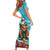 Hawaii Christmas Short Sleeve Bodycon Dress Mele Kalikimaka Poinsettia Lei Polynesian - Blue