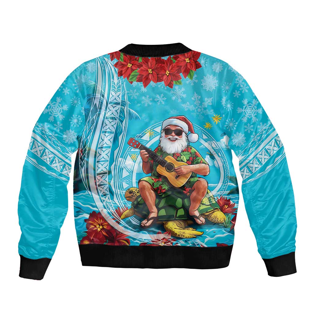 Hawaii Christmas Sleeve Zip Bomber Jacket Mele Kalikimaka Poinsettia Lei Polynesian - Blue