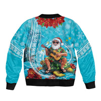 Hawaii Christmas Sleeve Zip Bomber Jacket Mele Kalikimaka Poinsettia Lei Polynesian - Blue