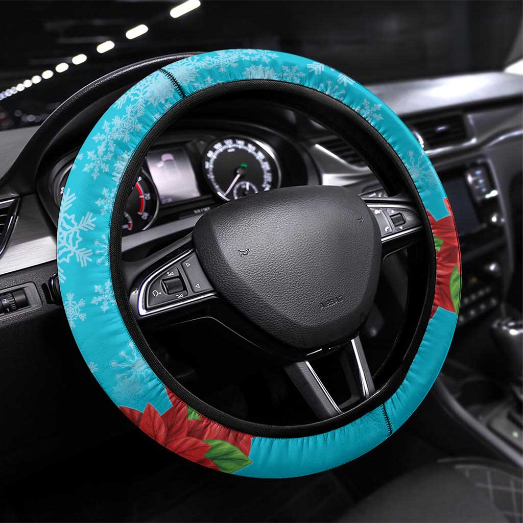 Hawaii Christmas Steering Wheel Cover Mele Kalikimaka Poinsettia Lei Polynesian - Blue