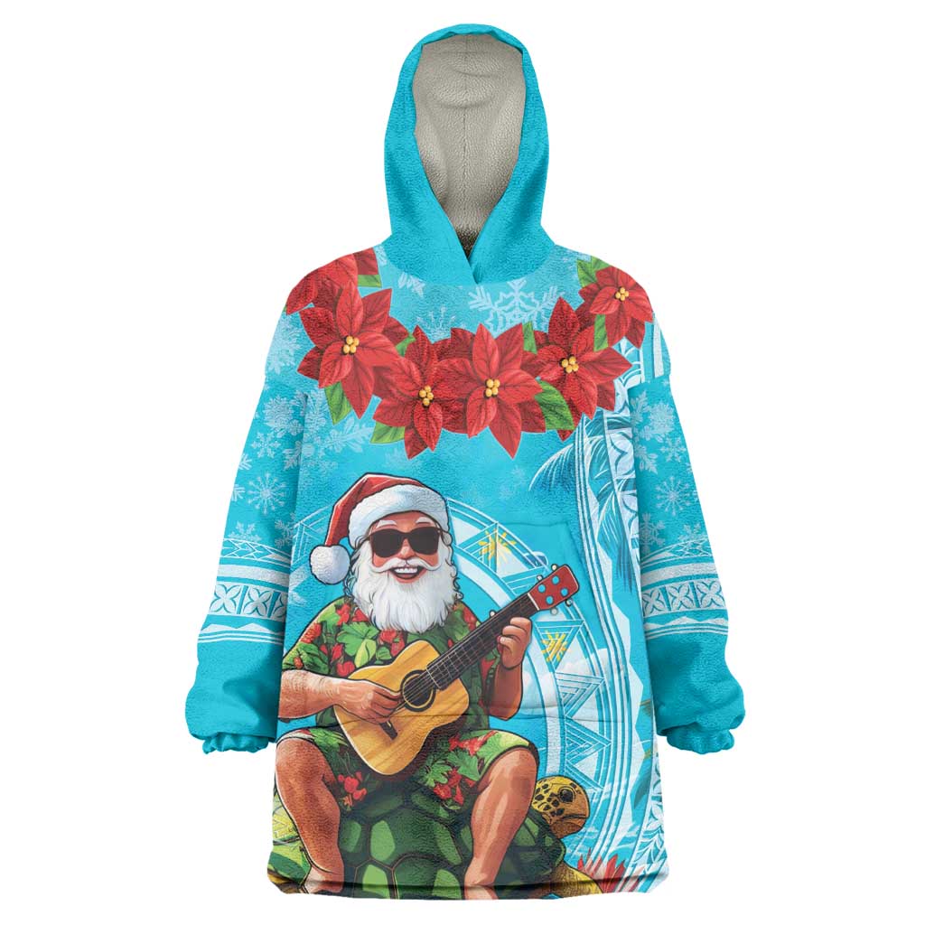 Hawaii Christmas Wearable Blanket Hoodie Mele Kalikimaka Poinsettia Lei Polynesian - Blue