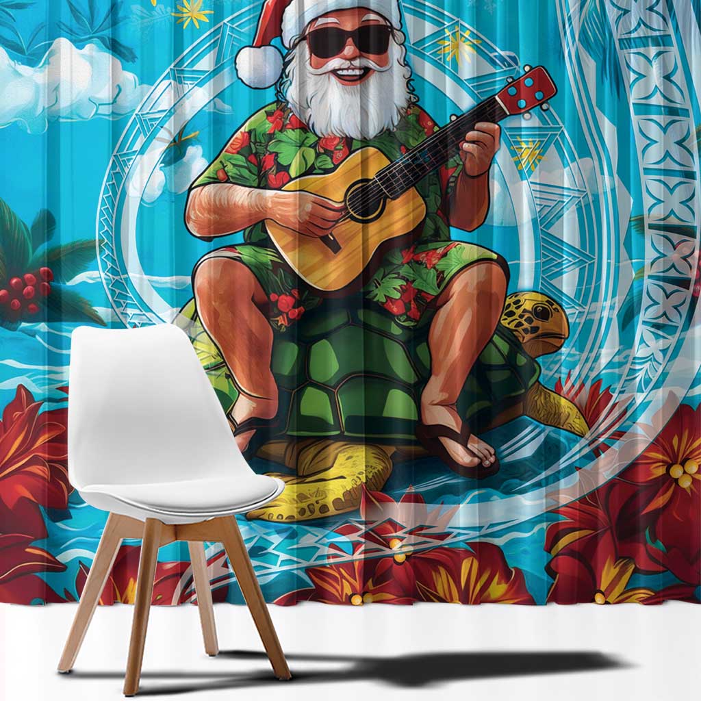 Hawaii Christmas Window Curtain Mele Kalikimaka Poinsettia Lei Polynesian - Blue